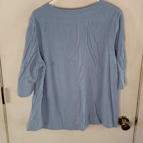 Powder blue cotton linen blend blouse with knot accent, 3:4 sleeves Size Large - Picture 8 of 8
